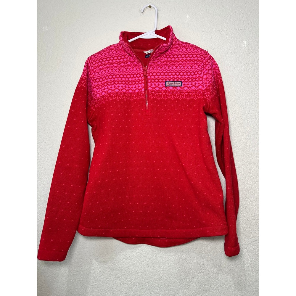 Vineyard Vines Womens Shep‎ Shirt Red Pink Fair Isle Quarter Zip Fleece XS